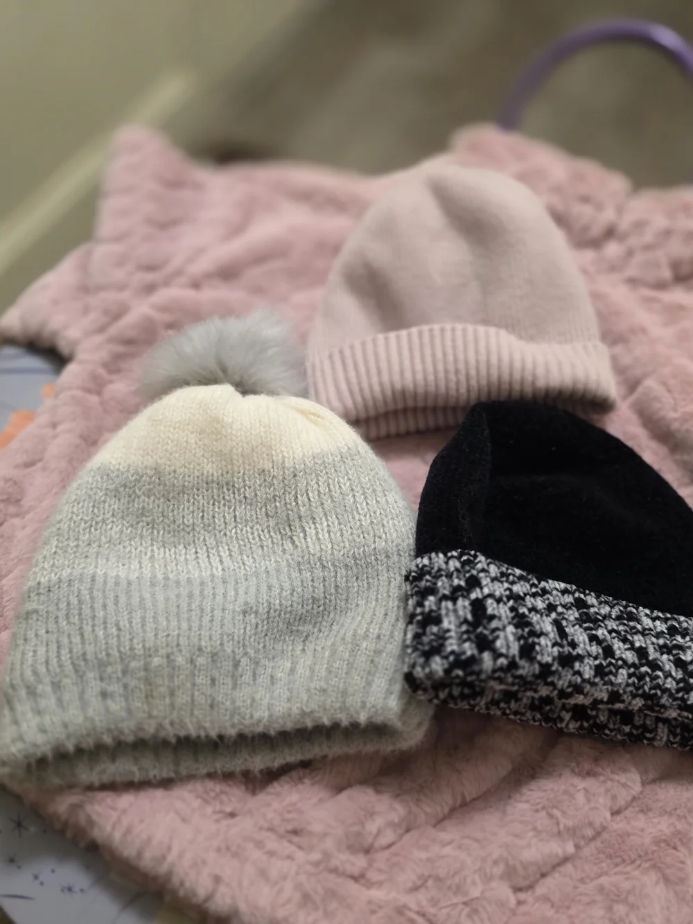 Kids Soft Knit Beanie Hat - Pink, Black, Cream